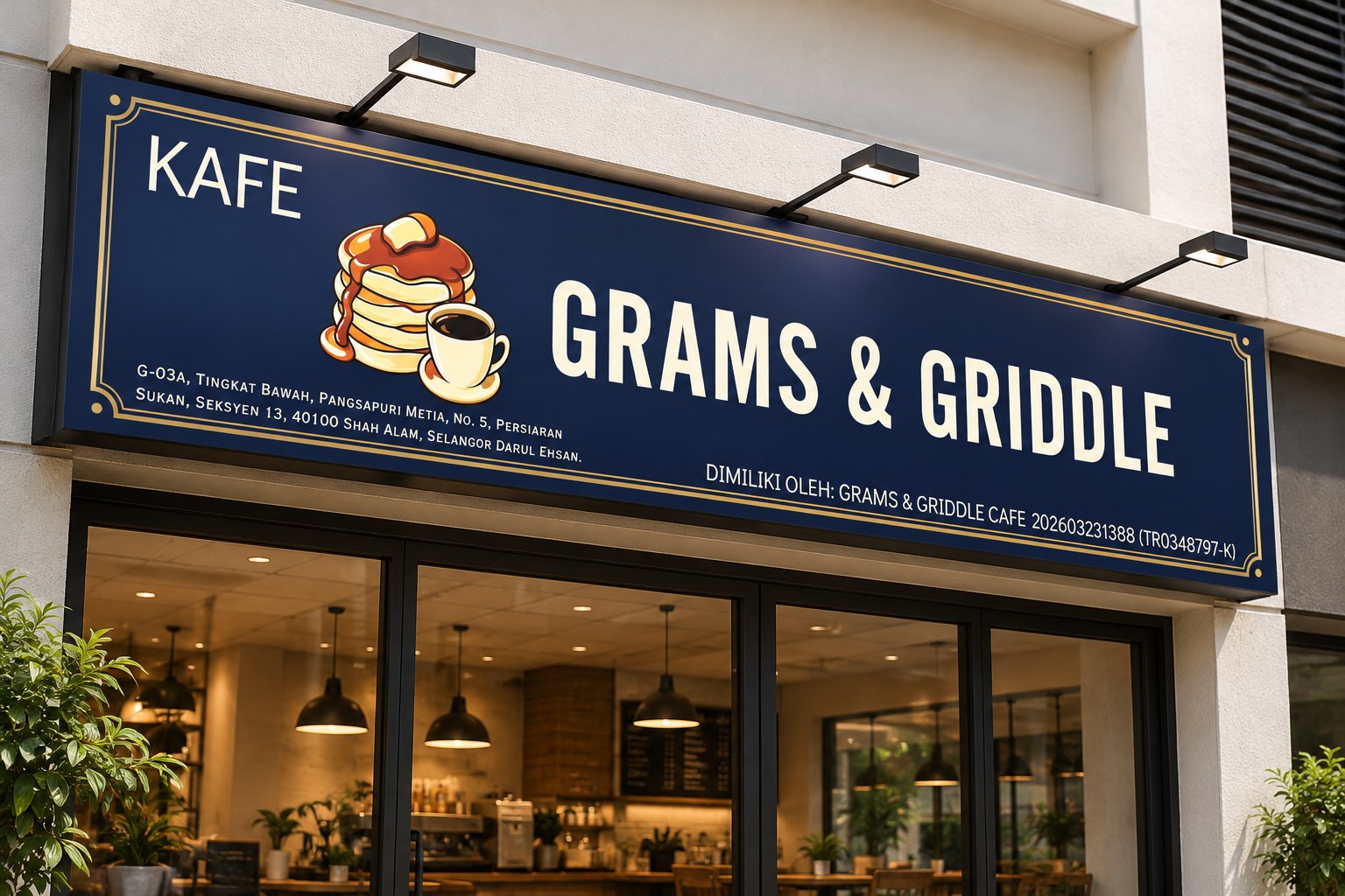 Grams & Griddle cafe sign mocked up above the storefront