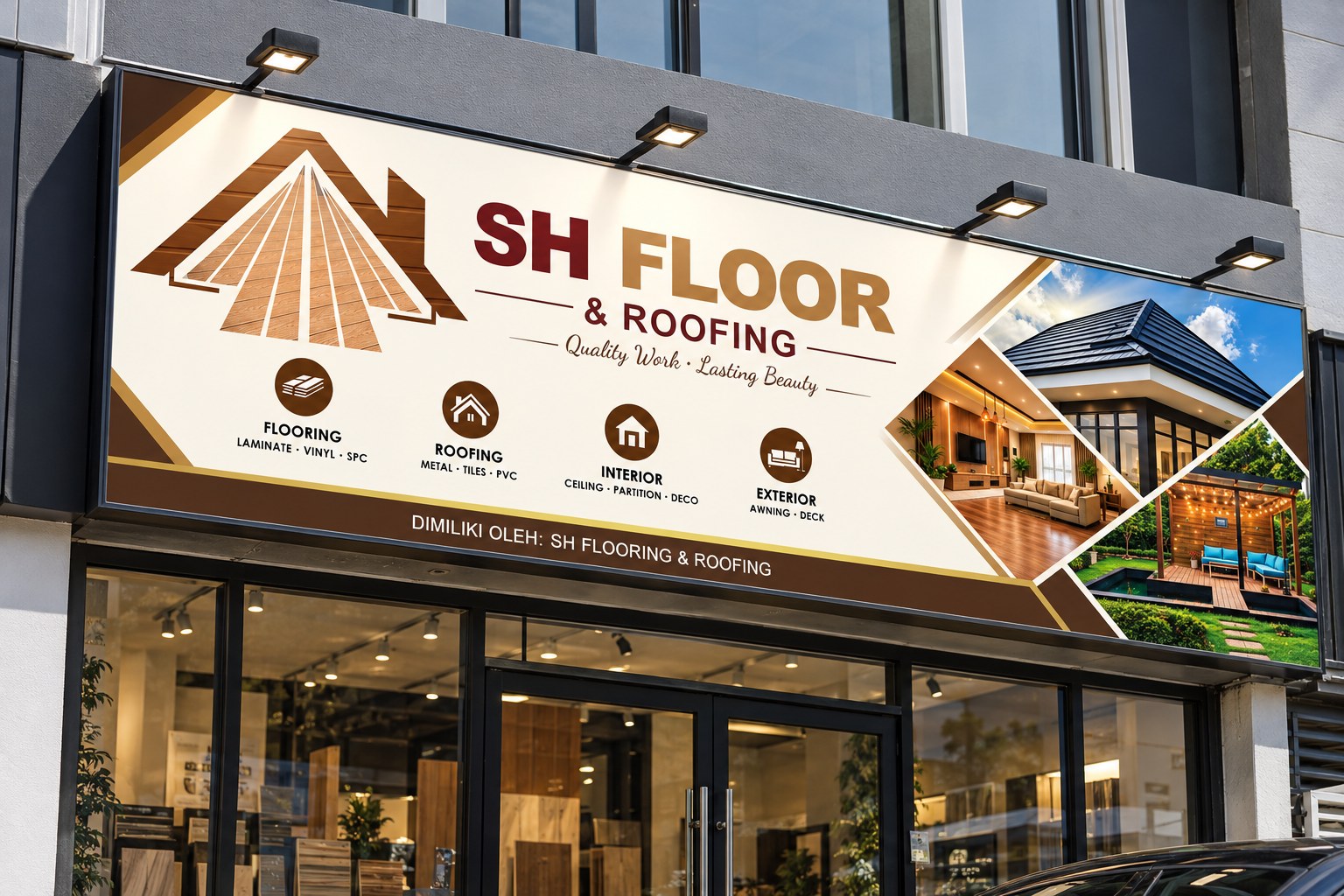 SH Floor & Roofing sign mocked up above the showroom