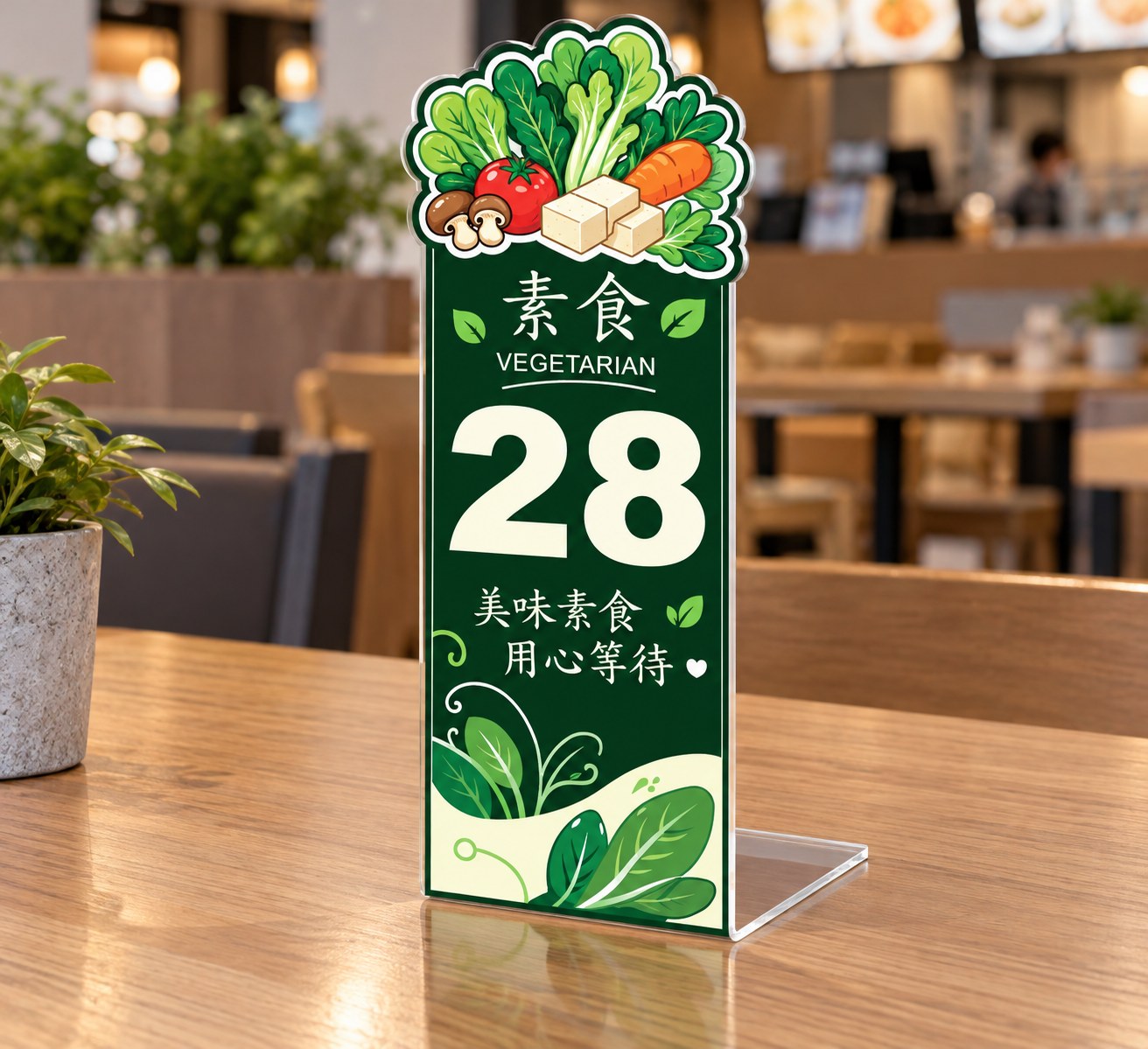 Vegetarian table number 28 mocked up as an acrylic table tent on a wooden table